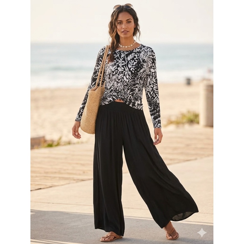Ellen Weaver Womens Small Black White Leaf Print Twist Front Long Sleeve Blouse